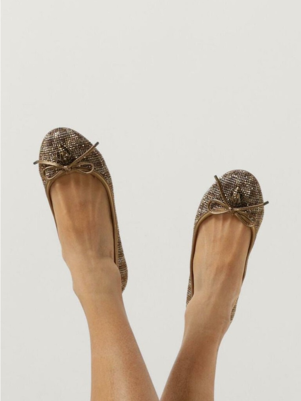 Kurt Geiger Gold Crystal-Embellished Bow Ballet Flats